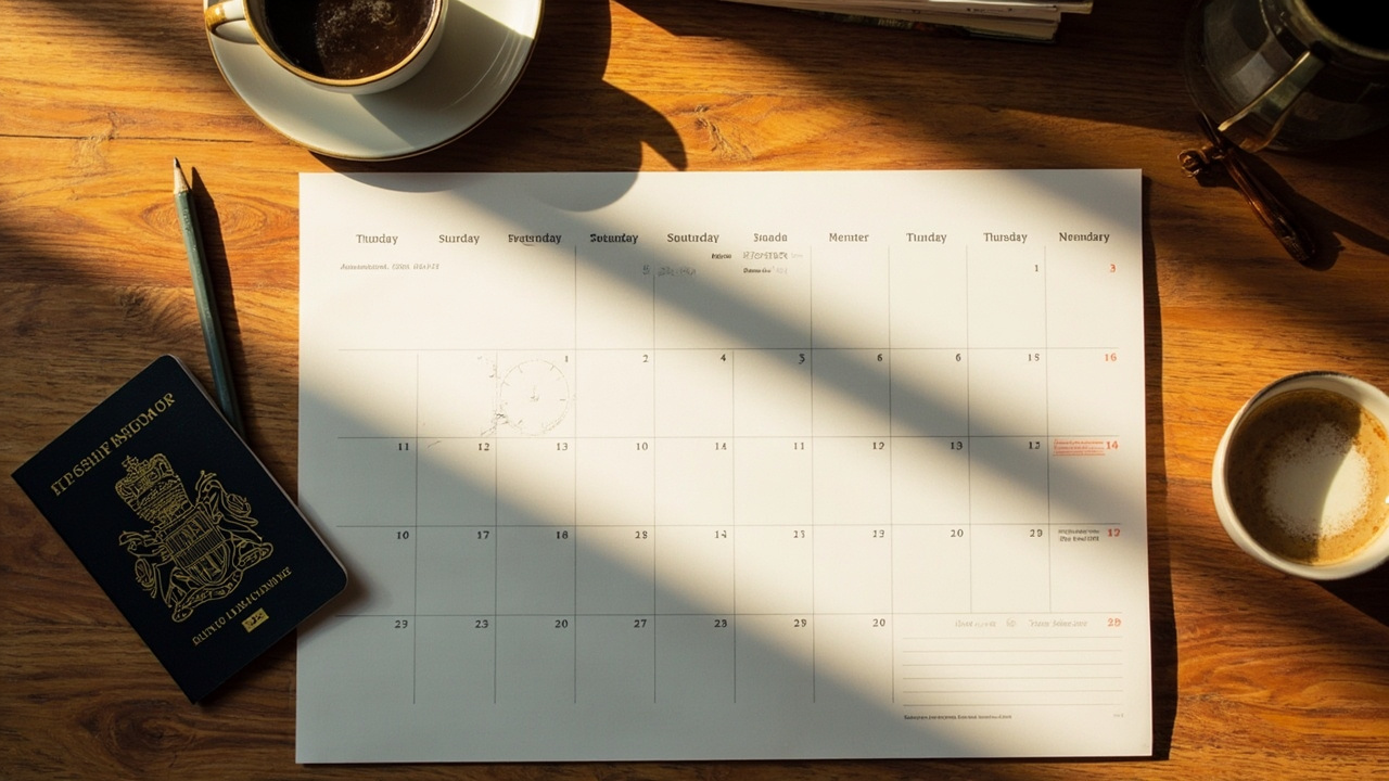Overhead wall calendar with circled weekday submission dates and an Australian passport beside it on a warm wooden desk