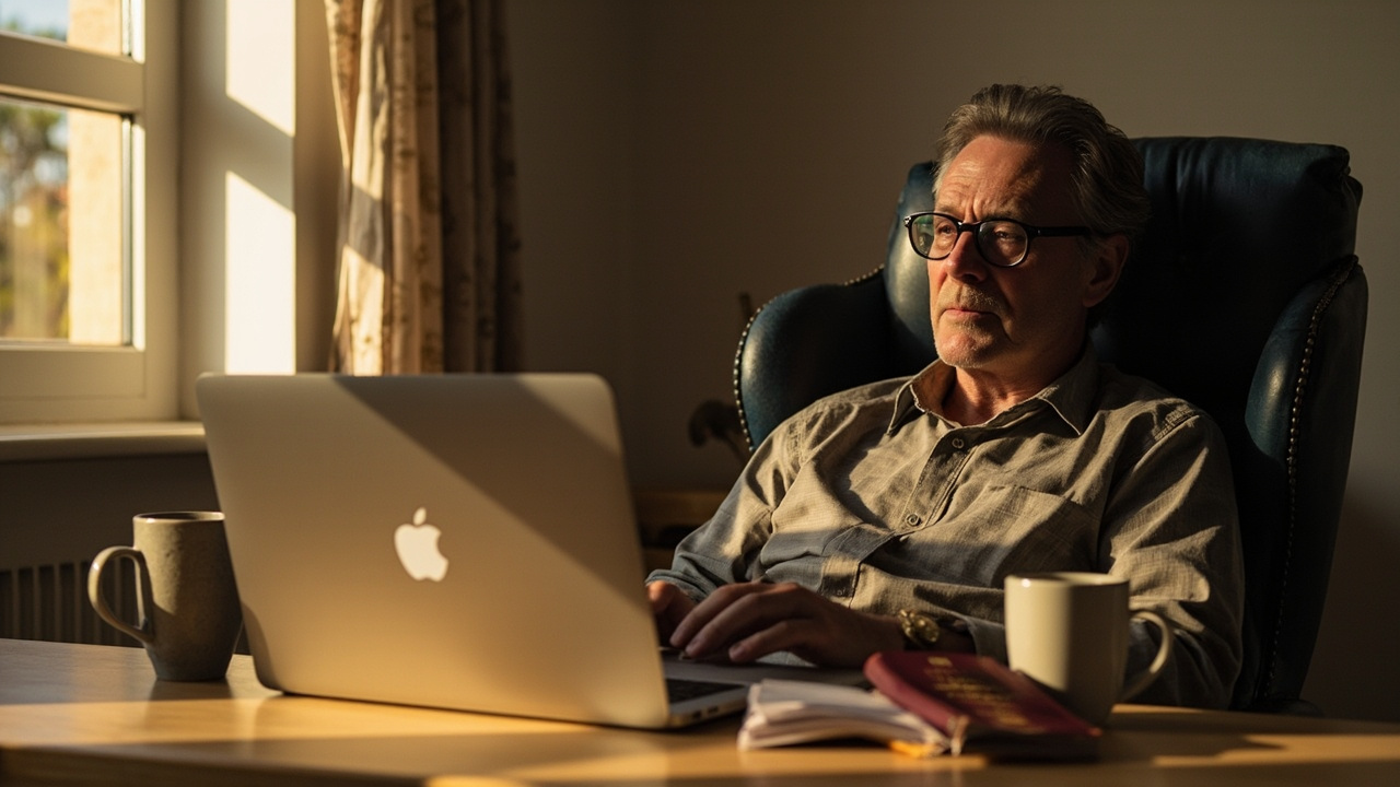 Australian traveller pausing at a weekend home desk with a closed laptop and an open passport, warm Saturday morning light through a window