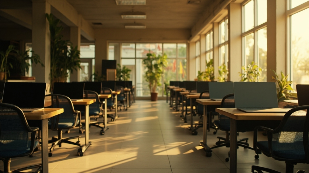 Wide editorial shot of an empty modern government office workspace at the weekend, chairs neatly tucked in, soft afternoon light through windows