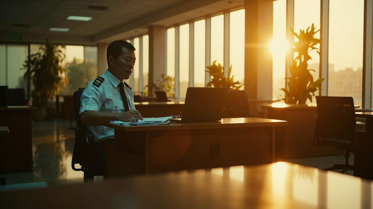 Modern Phnom Penh government office interior on Monday morning, officer in three-quarter angle reviewing a document, warm window light