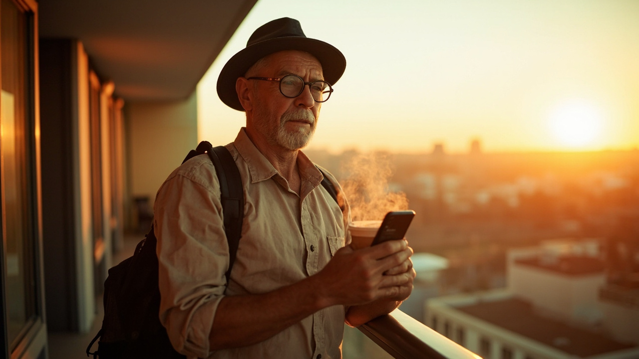 Australian traveller in Perth at sunrise checking their phone with a coffee, warm low light across a tiled balcony, calm focused expression