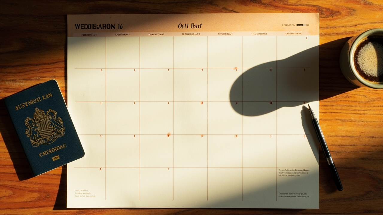 Overhead flat-lay of a wall calendar with weekday squares softly highlighted, Australian passport and a fountain pen beside it on warm timber