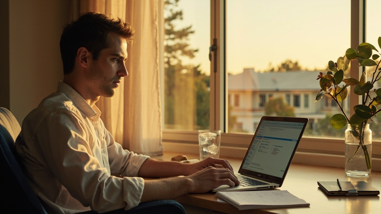 Australian traveller at a home desk on a warm Boxing Day afternoon working on a laptop, soft summer light through a window