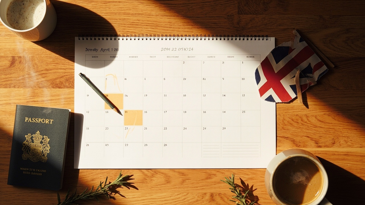 Overhead flat-lay of an April calendar with mid-April dates softly marked, a passport and pencil beside it on a warm timber surface