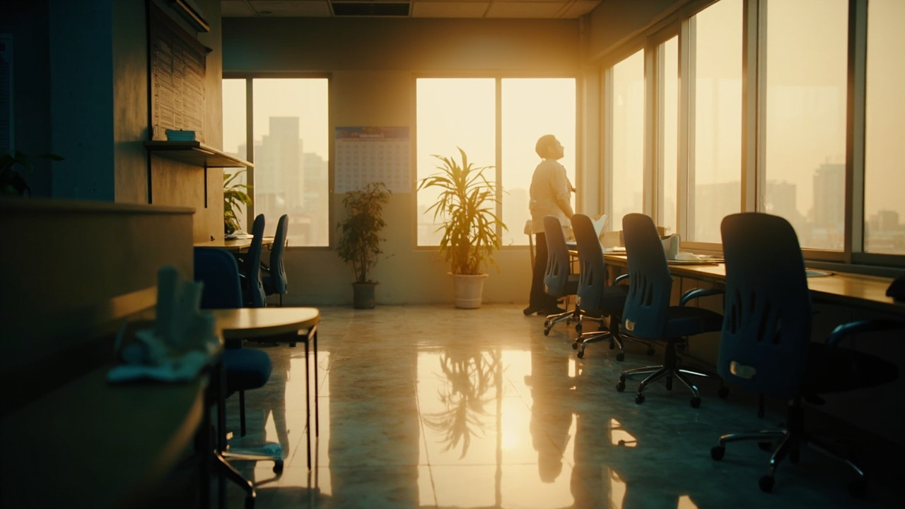Empty modern Phnom Penh government office workspace on a holiday afternoon, chairs neatly tucked in, soft afternoon light through windows