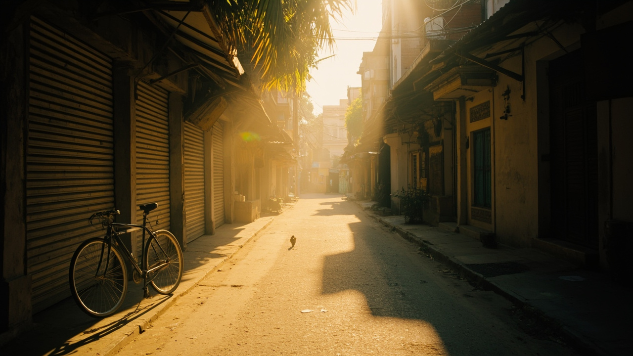 Quiet residential side street in Phnom Penh during a holiday afternoon, soft golden light catching closed shopfronts and palm fronds