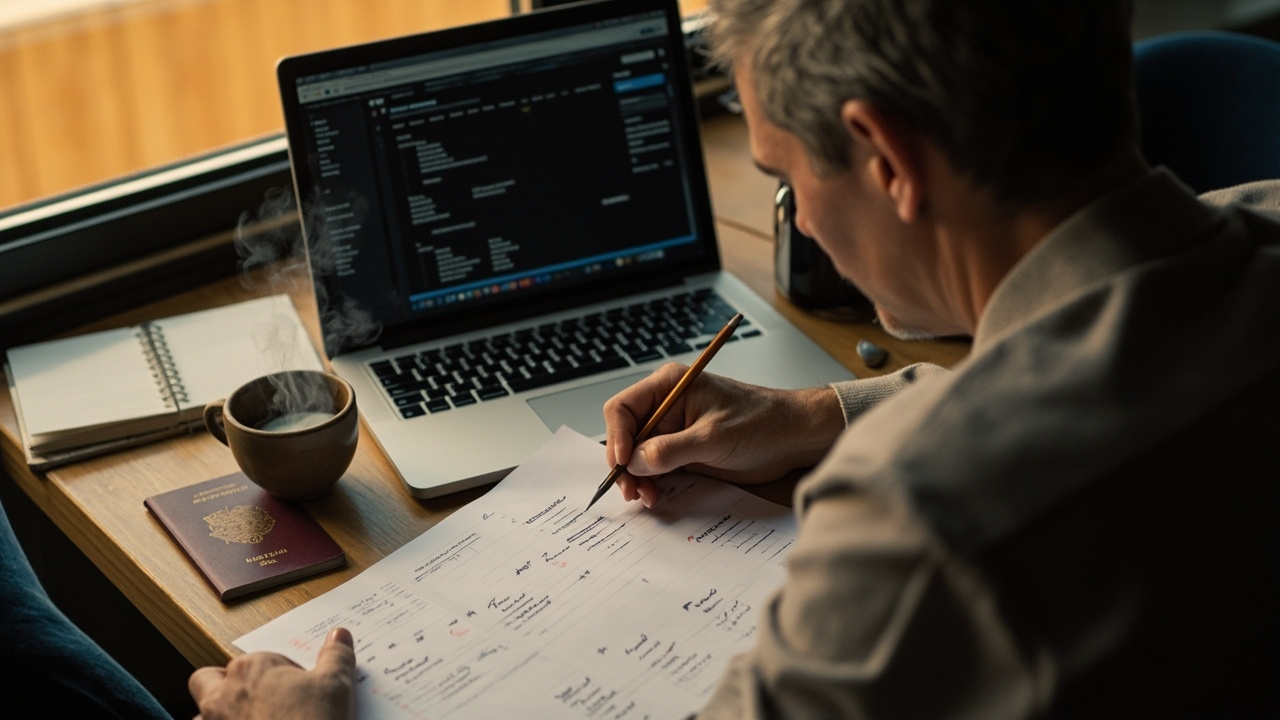 Australian traveller in their early forties at a soft-lit home desk with a printed weekly calendar and a laptop open, calmly tracing days with a pencil