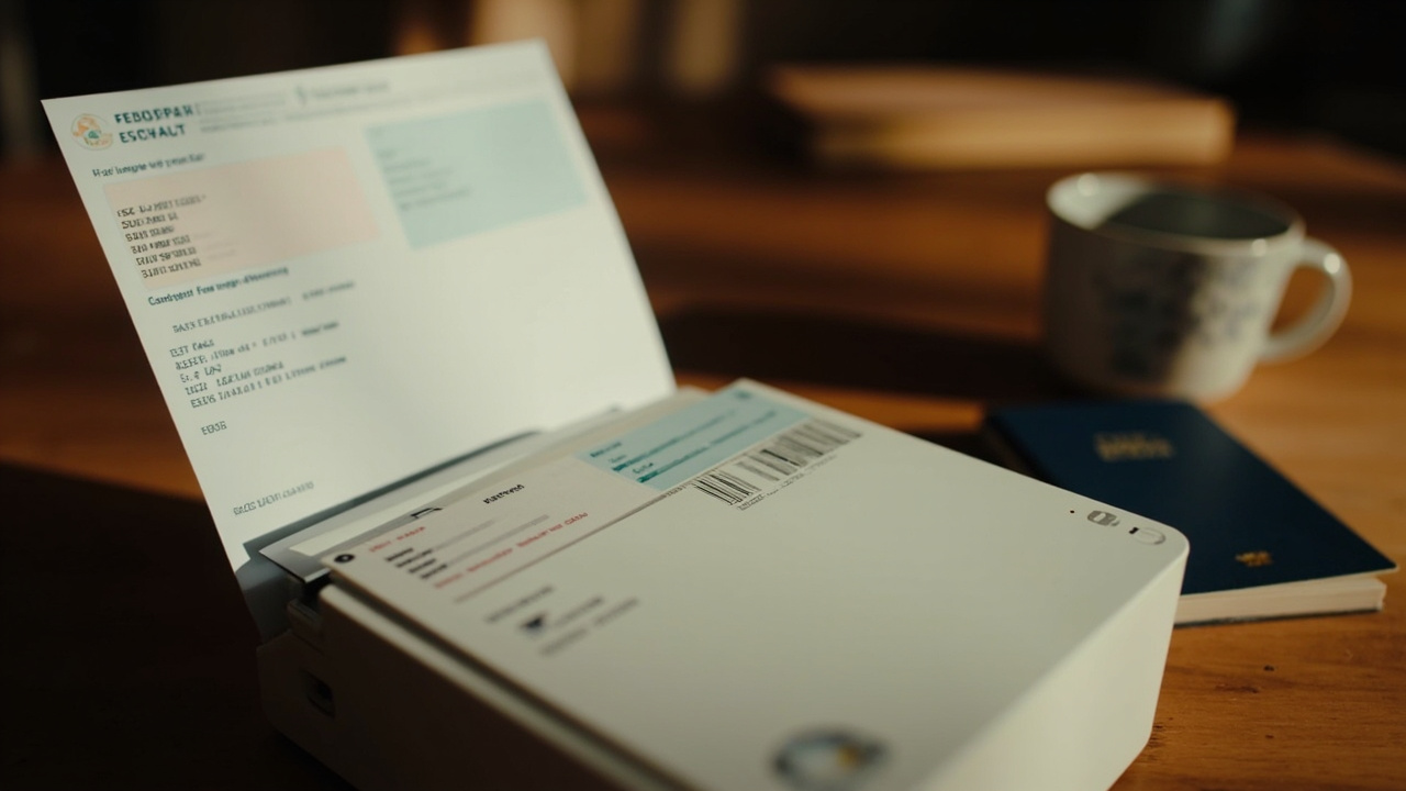 Close-up of a printed visa-shaped A4 sheet emerging from a desk printer beside an Australian passport in warm afternoon light