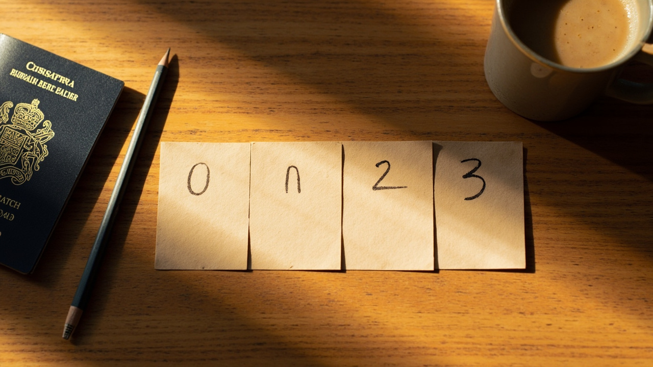 Overhead flat-lay of four index cards labelled day zero through day three with an Australian passport and a pencil, warm wooden desk
