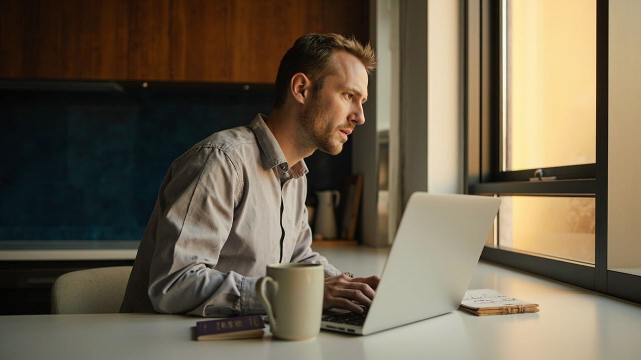 Aussie traveller in their thirties at a sunlit Monday-morning kitchen bench with laptop and coffee, calm focused expression