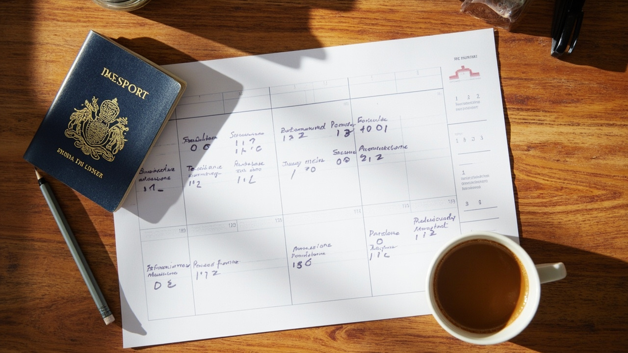 Overhead flat-lay of a printed weekly planner showing seven day columns with soft hand-drawn highlight marks and an Australian passport