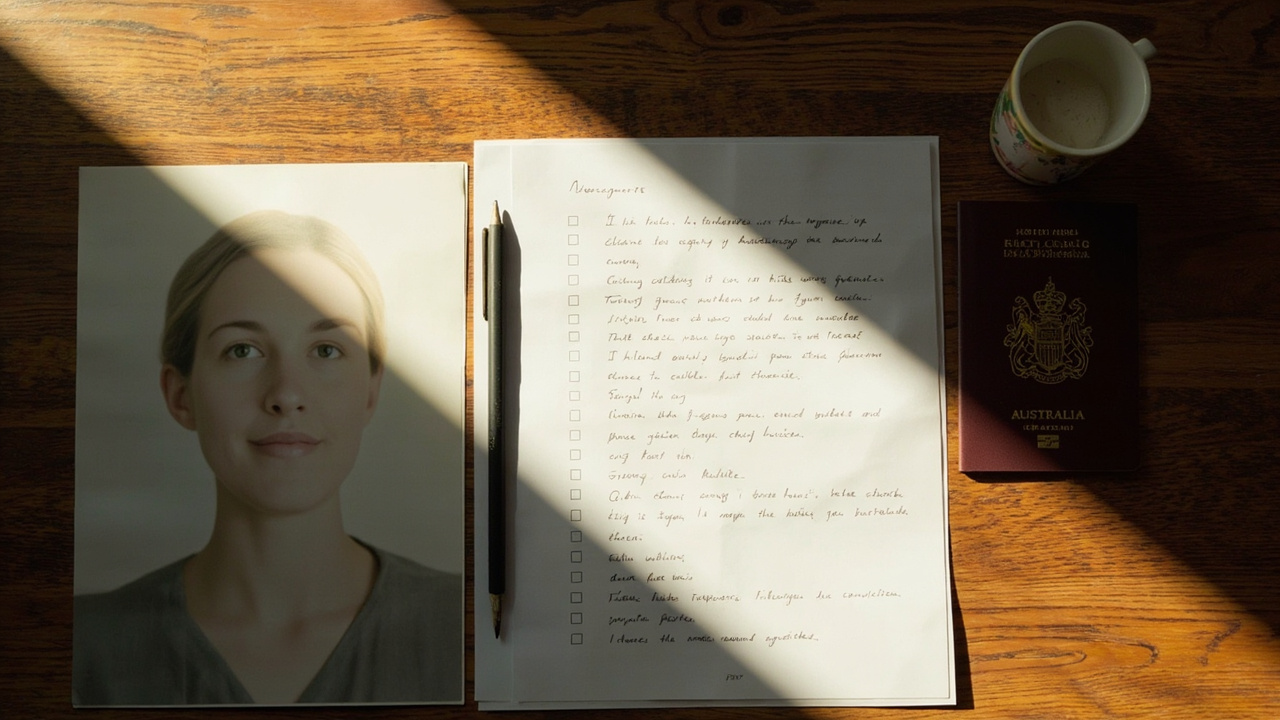Overhead flat-lay of a passport-style photo on neutral background beside an Australian passport and a checklist sheet, soft natural light