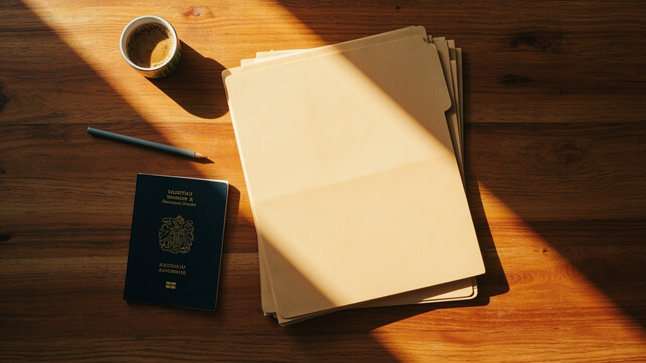 Overhead flat-lay of a single neat stack of plain document folders on a warm wooden desk, conveying a single queue with no priority tier