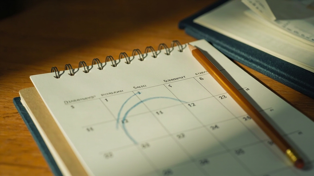 Paper desk calendar on warm timber with a single day softly circled in pencil, suggesting a public holiday note