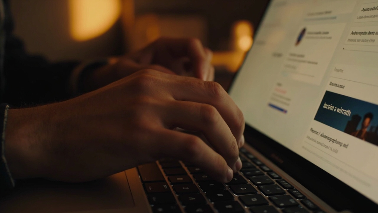 Hands resting on a laptop showing a generic pending dashboard row in soft afternoon light