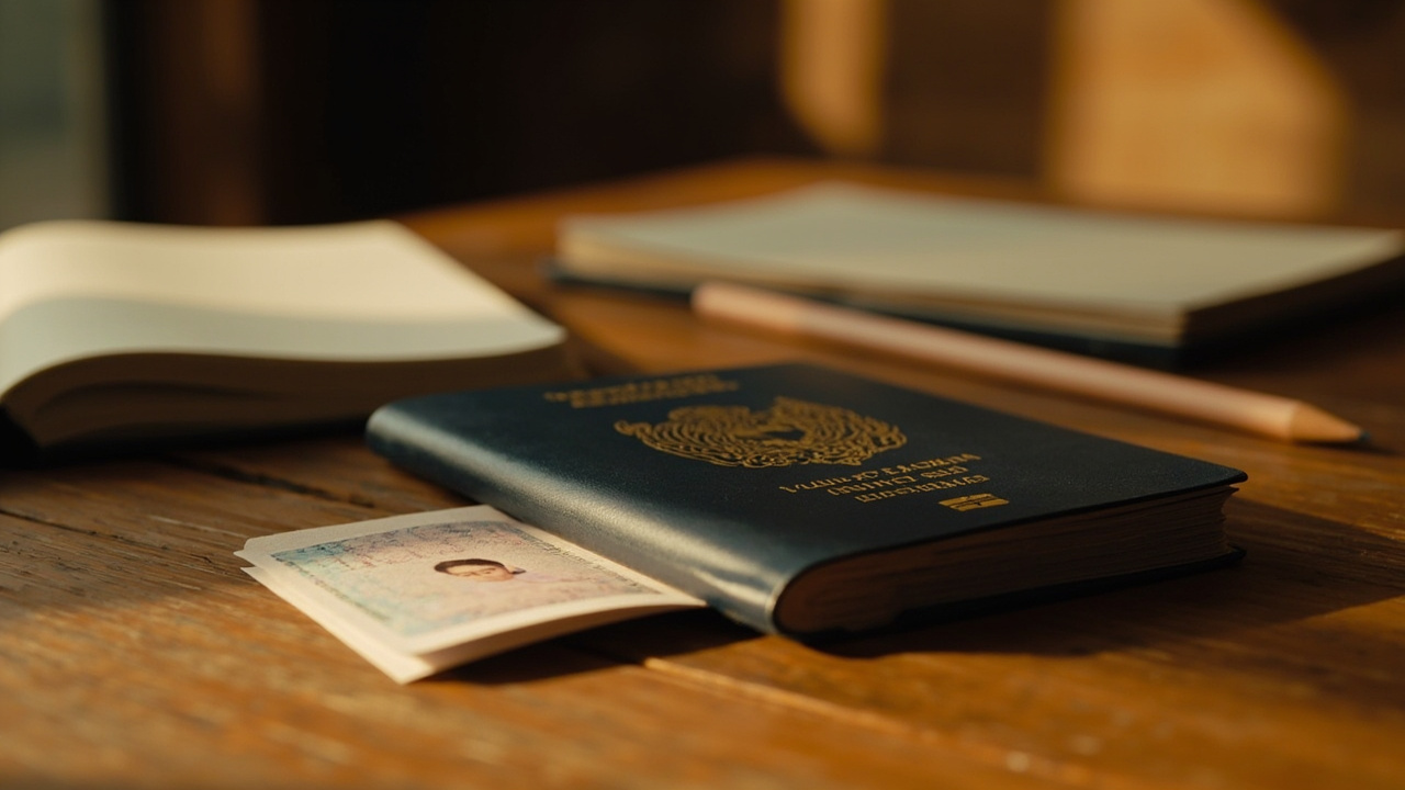 Closed Australian passport beside a face-down passport-style photo print on a warm timber desk, suggesting a manual review