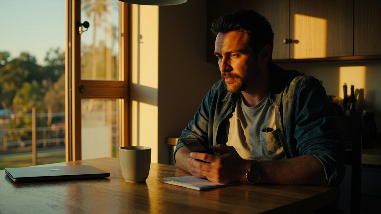 Aussie traveller typing a short reply on a phone at a sunlit kitchen bench, calm body language