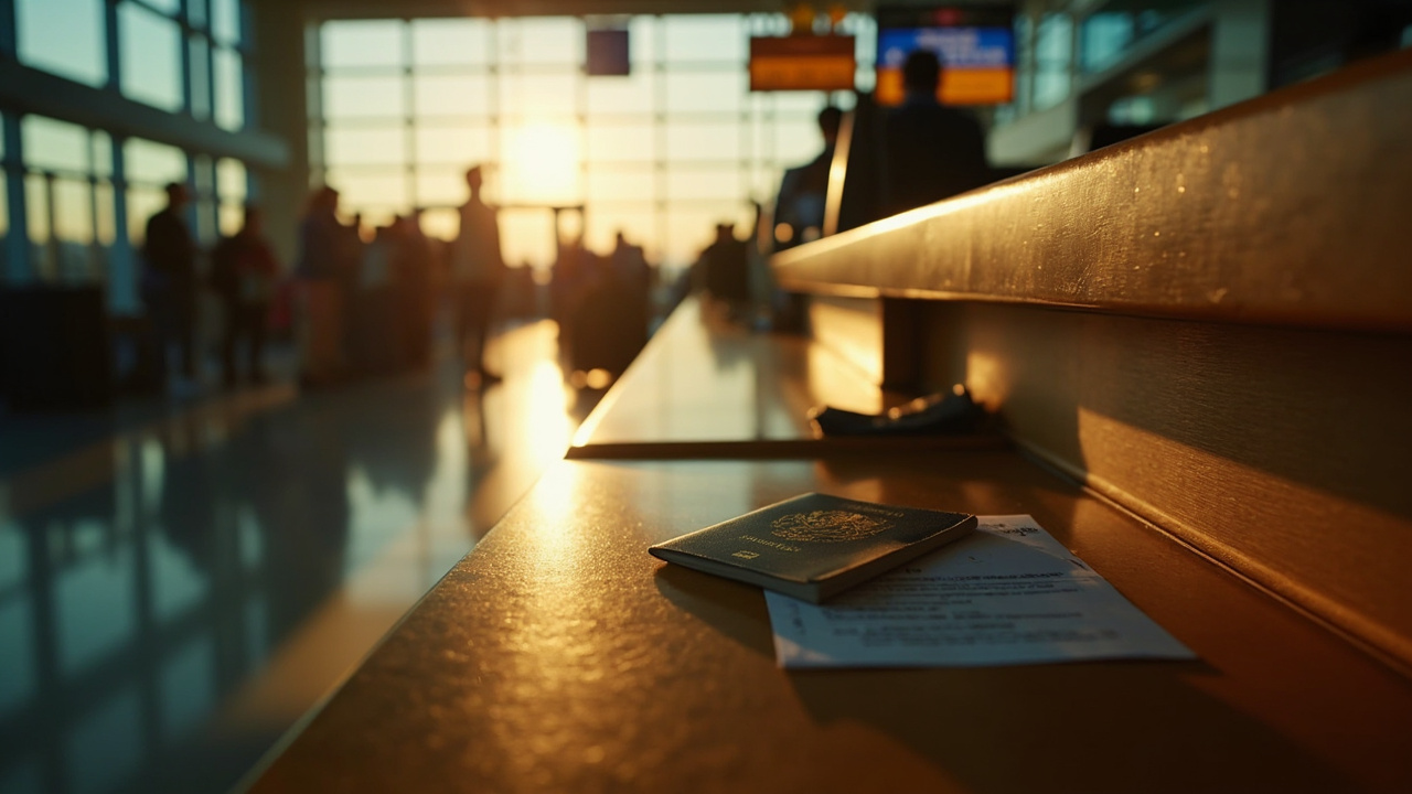 Quiet airport arrivals counter at golden hour with a soft queue and a closed Australian passport on the counter, suggesting the visa-on-arrival fallback