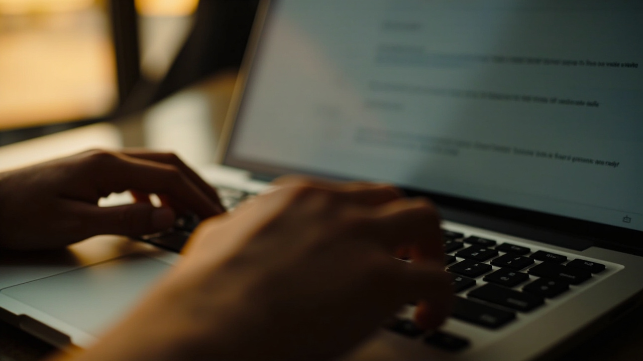 Hands typing a short email reply on a laptop showing a clean generic mail thread in golden-hour light