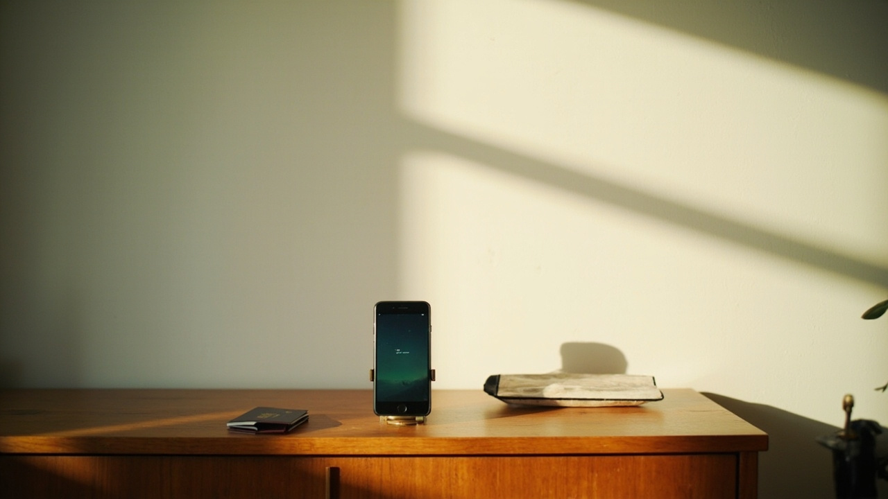 Smartphone propped on a stand opposite a plain off-white wall in soft daylight, set up for a fresh passport-style photo retake