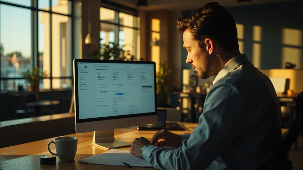 Aussie-timezone support agent at a desk reviewing a clean generic ticketing dashboard on a monitor in warm light