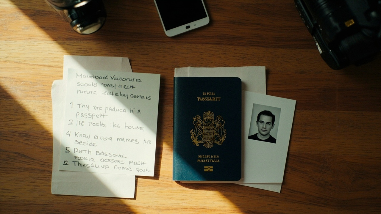 Vista dall'alto di un passaporto australiano, una fototessera stampata, uno smartphone e una lista di controllo scritta a mano su una calda scrivania di legno.