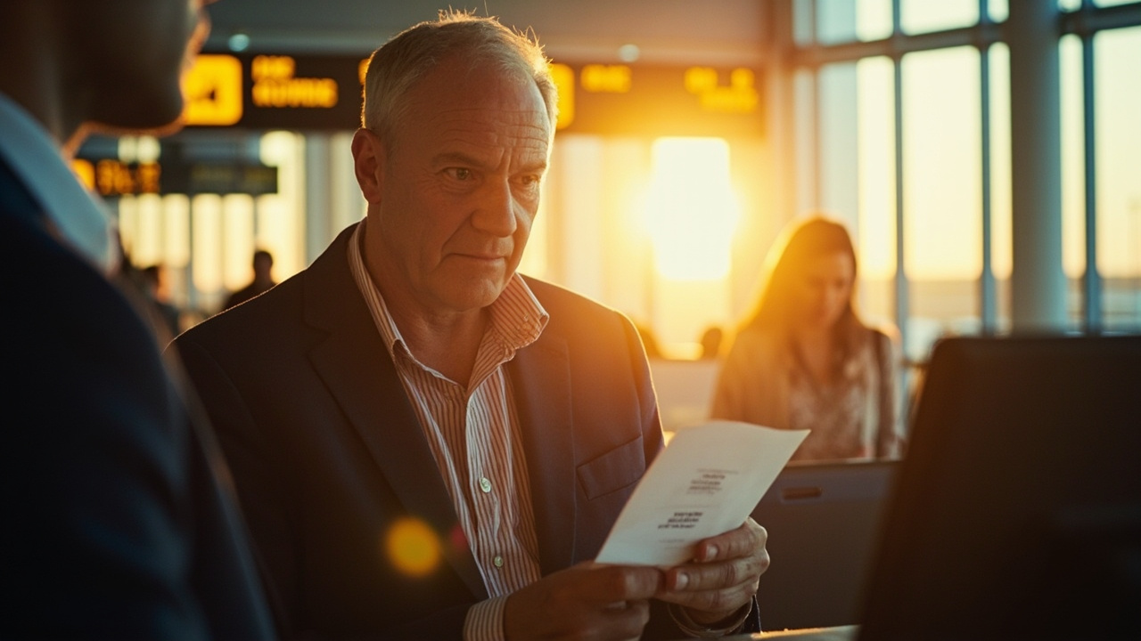 Australian traveller calmly presenting an open passport and a folded A4 printout at a soft-focus airport counter at golden hour
