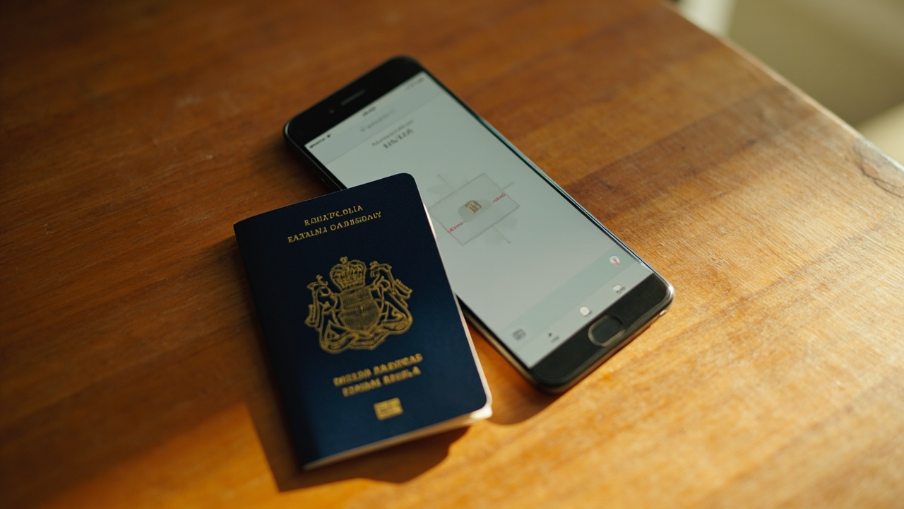 Overhead close-up of a closed Australian passport on a warm wooden table beside a smartphone showing a generic document-scanner UI