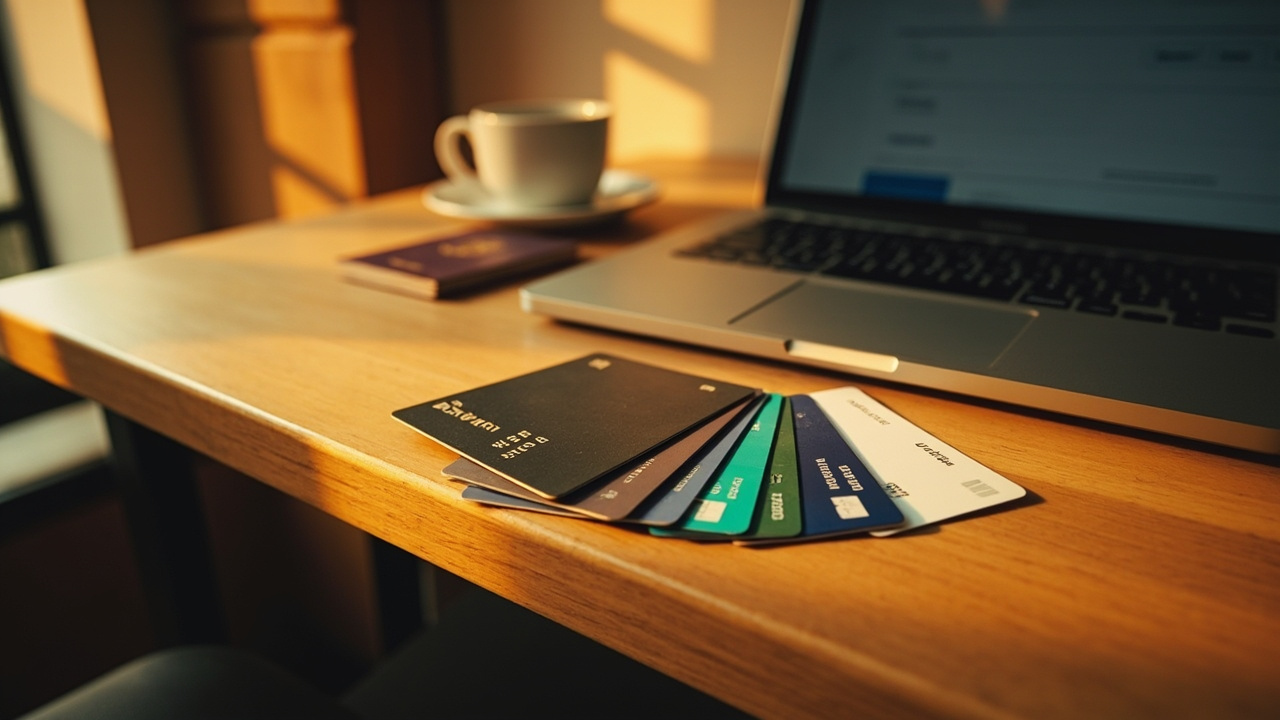 Three generic credit and debit cards on a warm wooden desk beside an open laptop, a flat white coffee, and a closed Australian passport