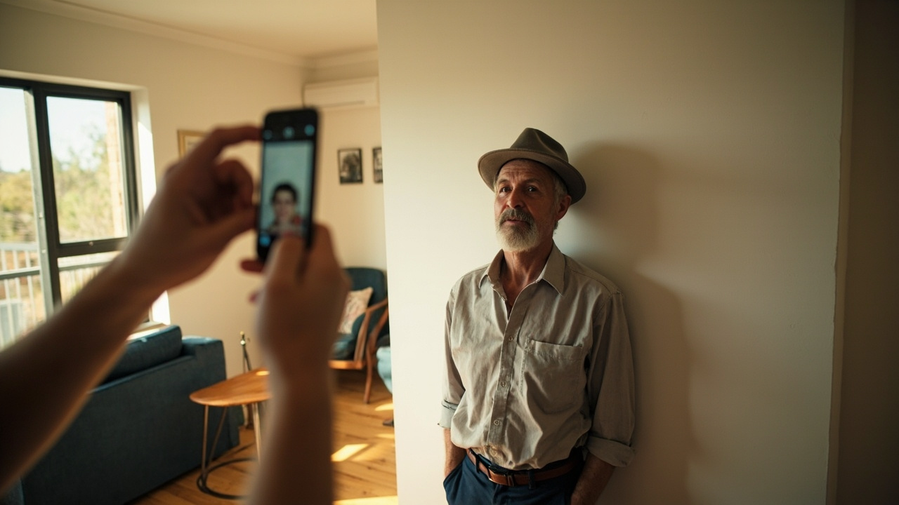 Australian traveller in their late 30s taking a passport-style photo with a smartphone against a plain white wall in a sunlit Aussie home