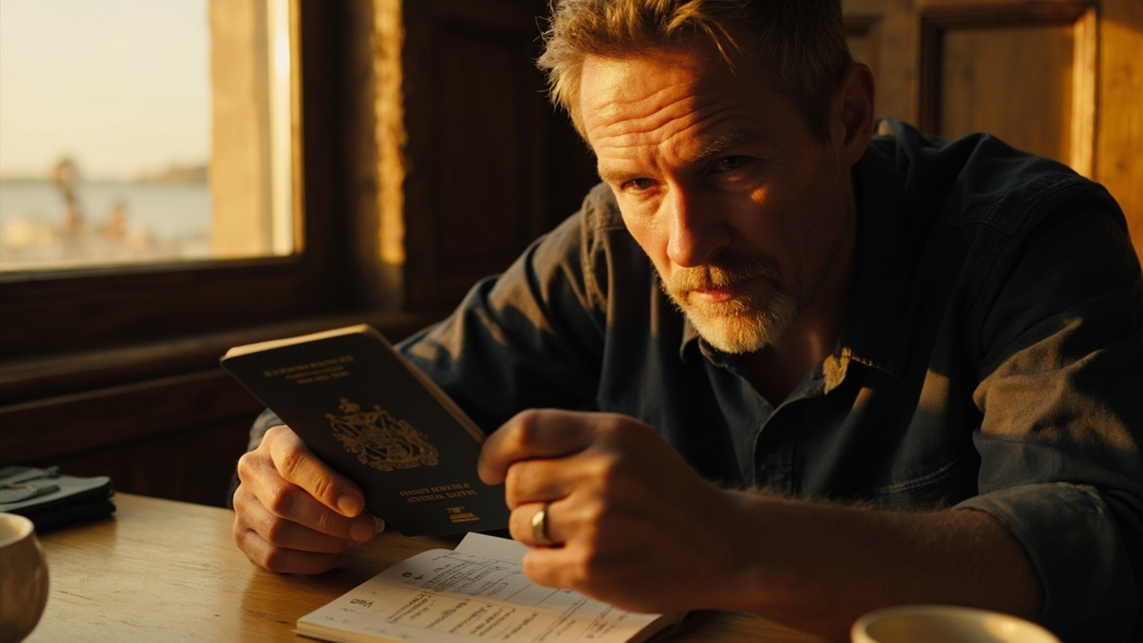 Australian traveller in their late 30s checking the expiry date page of their Australian passport at a sunlit dining table, calm focused expression