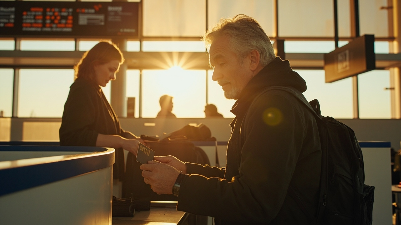 Australian traveller at an AU airline check-in counter handing a passport across in warm terminal light