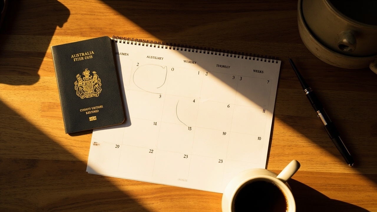 Overhead flat-lay of a wall calendar with two circled dates four weeks apart, a closed Australian passport, and a coffee on a warm wooden desk