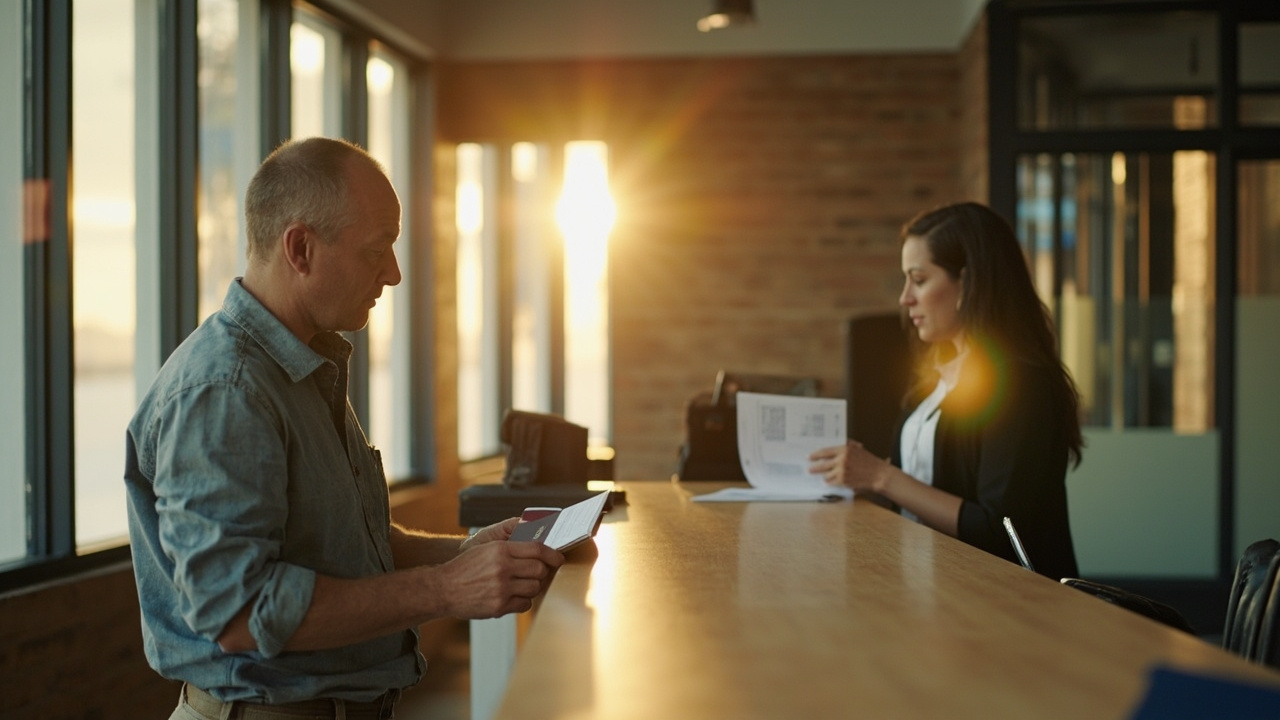 Australian traveller submitting paperwork at a generic government-office passport counter in warm afternoon light