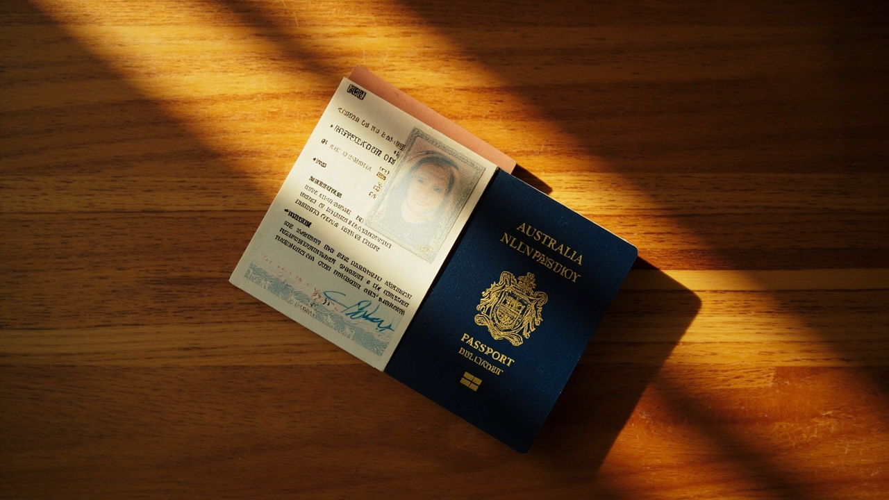 Overhead close-up of an Australian passport open to the bio page with the expiry date deliberately blurred, warm wooden desk