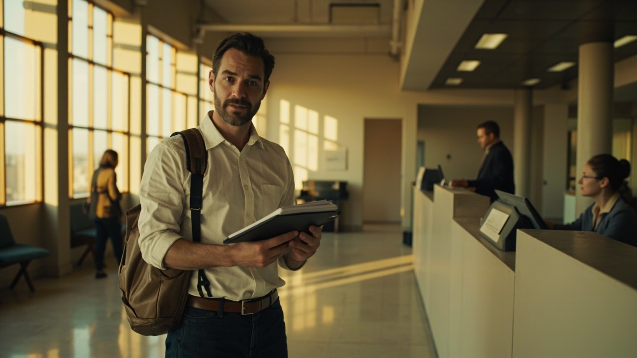 Australian traveller at a government passport-office counter handing over renewal documentation in warm afternoon light