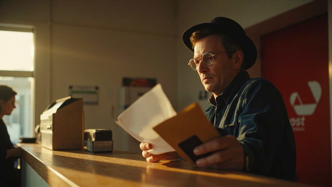 Australian traveller at a generic post-office counter handing over a passport application envelope in neutral warm light