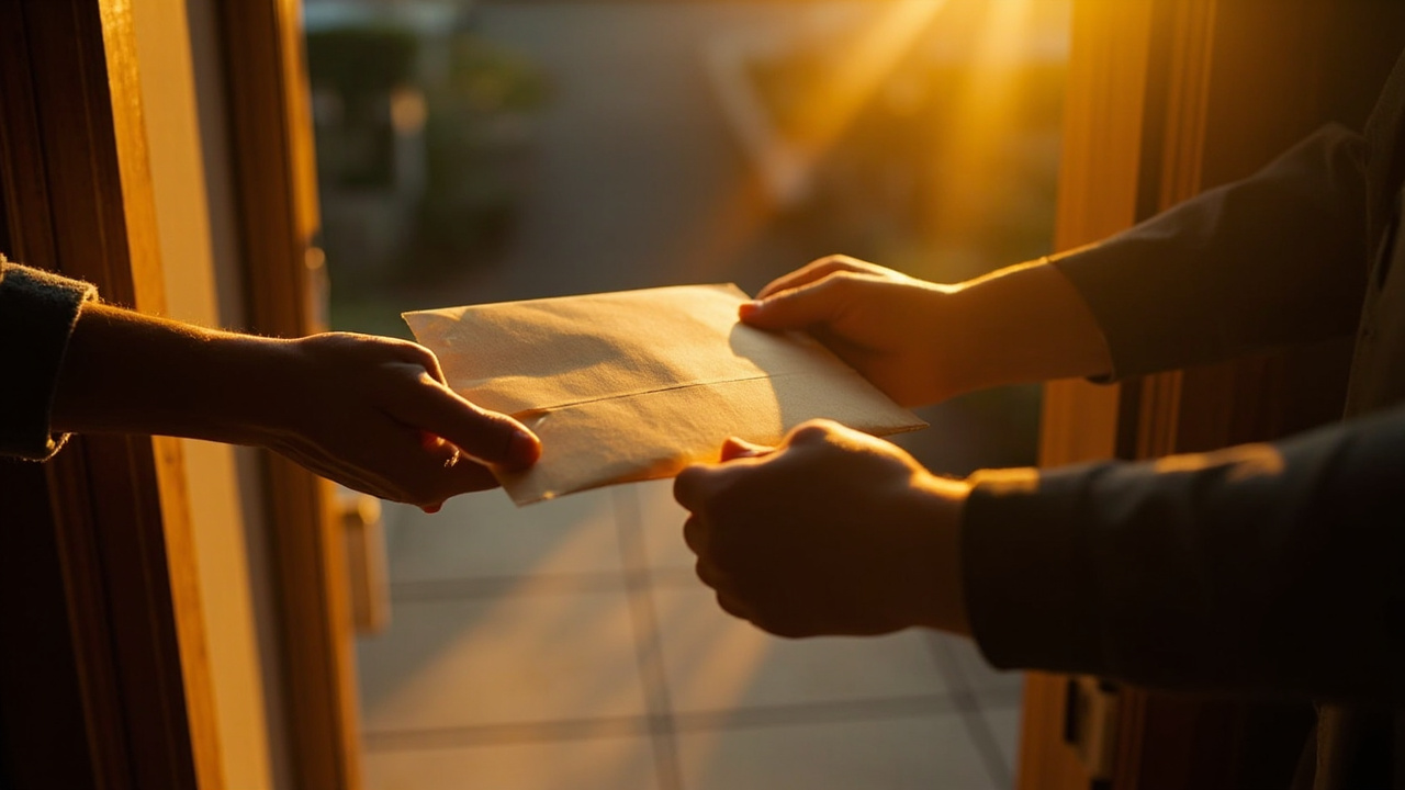 Close-up of hands receiving a passport-sized envelope at a sunlit Australian doorstep in warm afternoon light