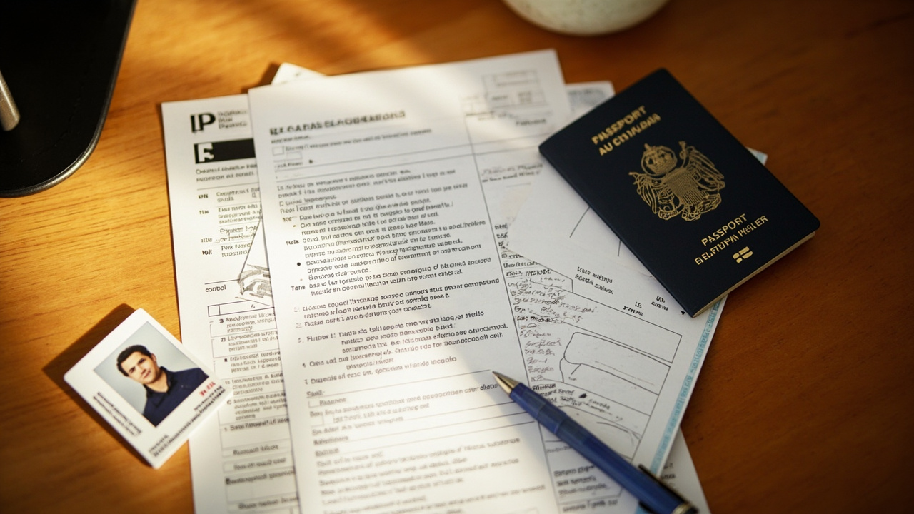 Overhead flat-lay of a generic passport renewal form, a passport photo card, and a closed Australian passport on a warm wooden desk