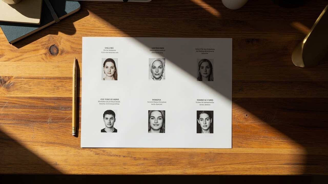 Overhead flat-lay of three or four small printed passport scan samples on a warm wooden desk, text intentionally soft and not legible