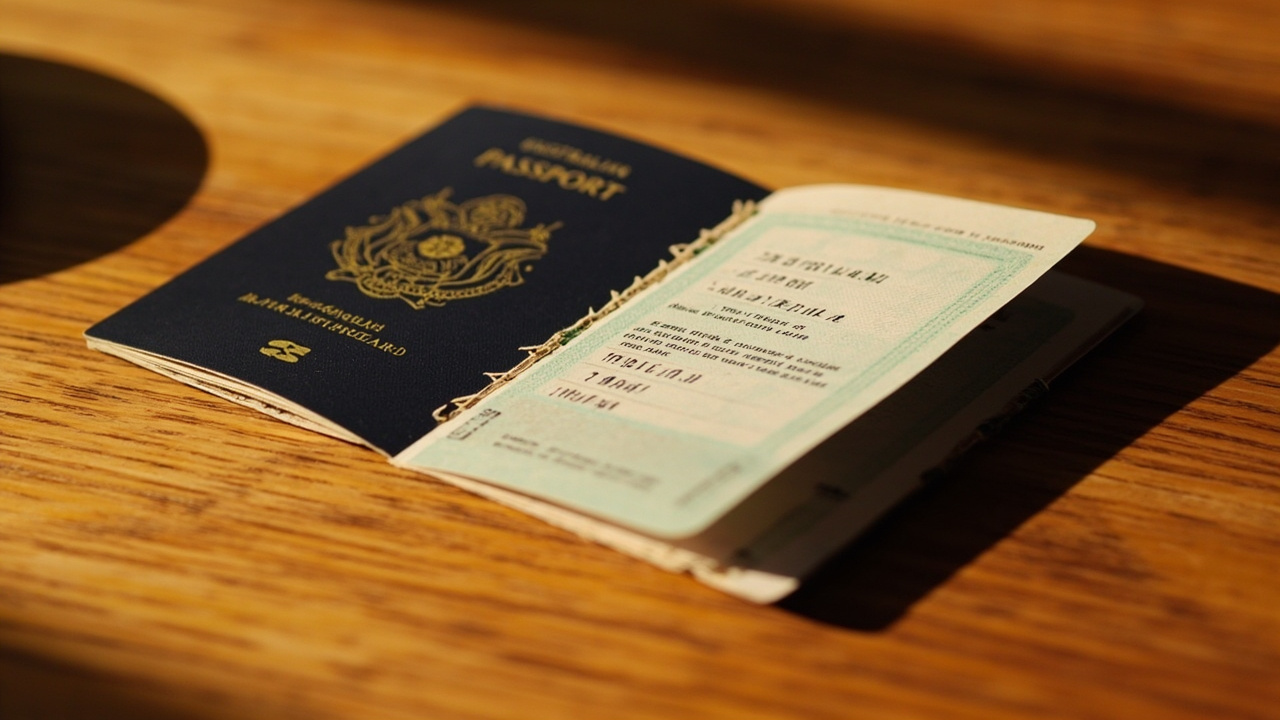 Close-up of an Australian passport open to the bio page on a warm wooden surface, all text intentionally soft and not legible