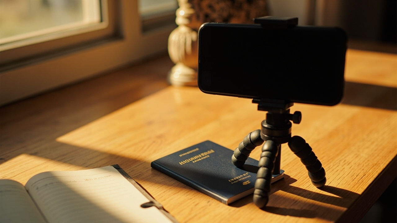 Smartphone mounted on a small tabletop tripod near a sunlit window pointed down at an Australian passport on the table below