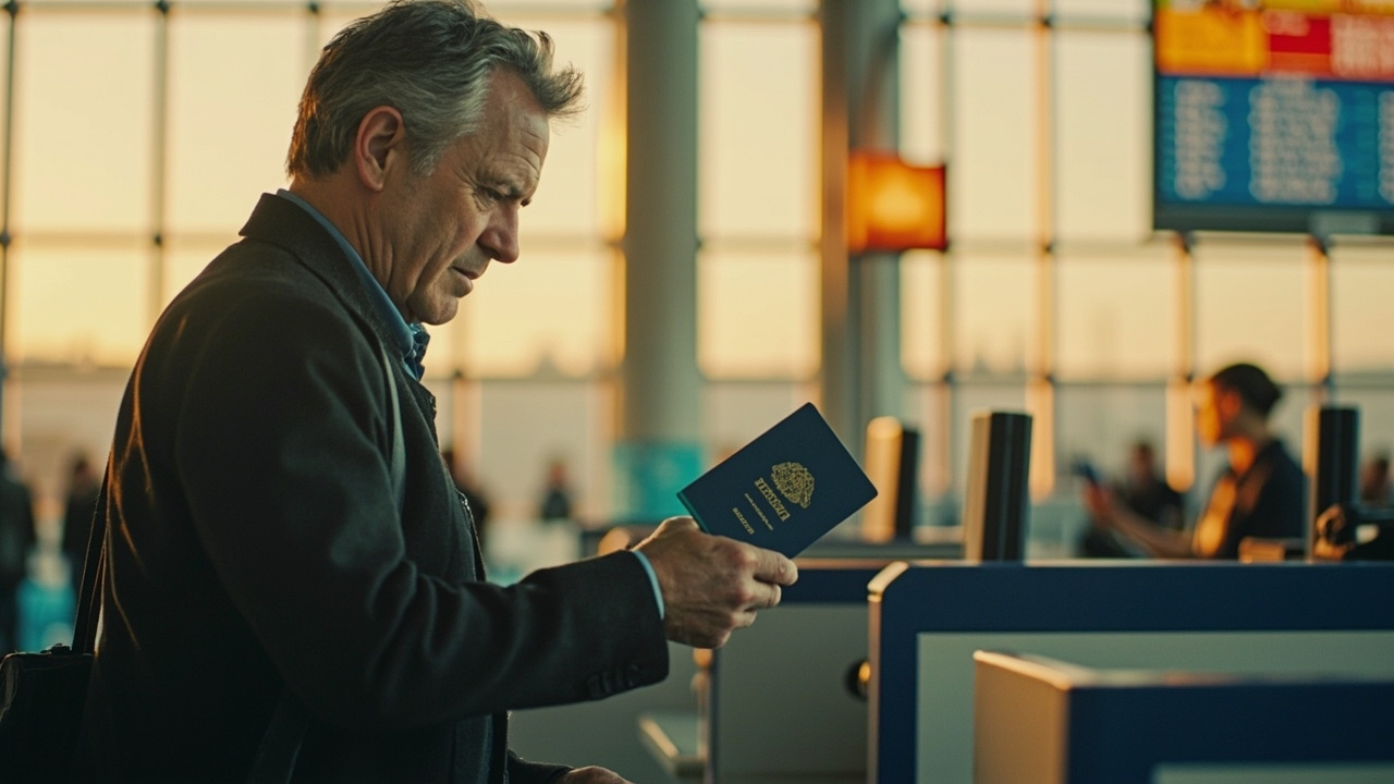 Australian traveller handing a blue-cover passport across a plain immigration-style counter, soft warm terminal light
