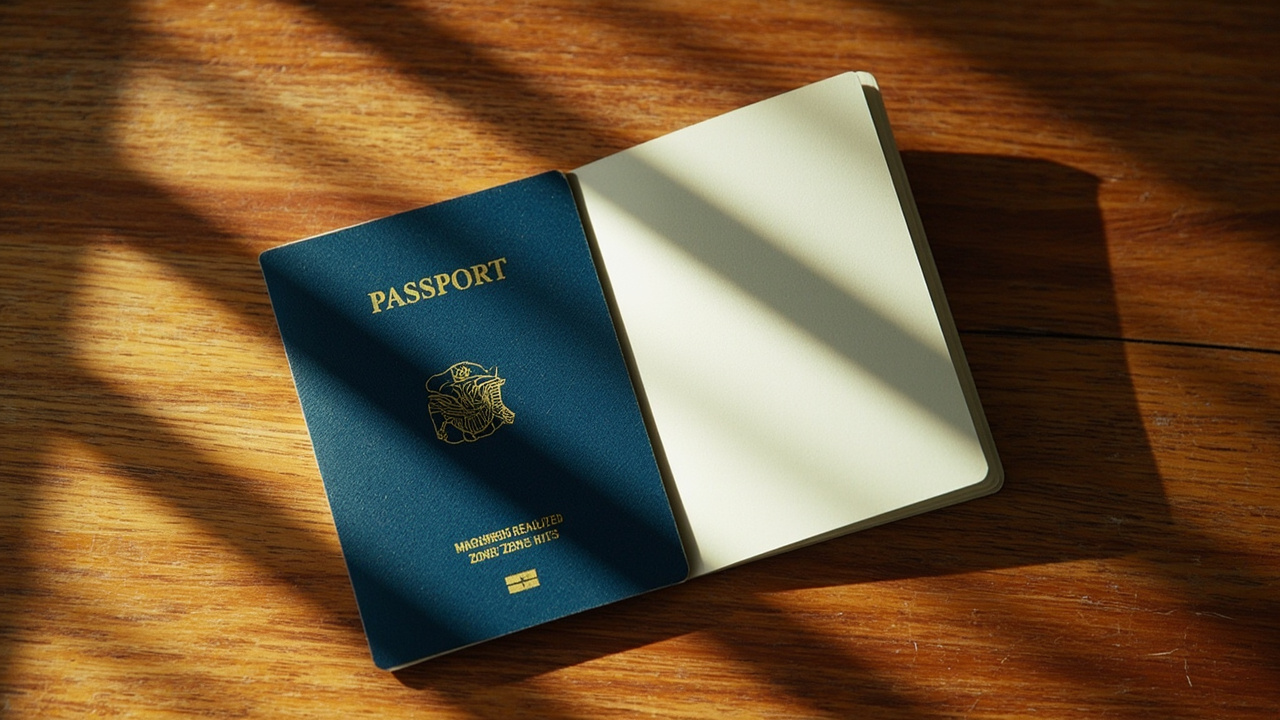 Overhead flat-lay of a blue-cover passport opened to a clean facing pair of blank pages on a warm timber desk