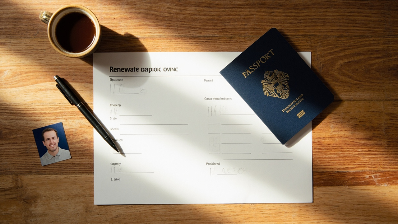 Overhead flat-lay of a renewal form, a closed blue-cover passport and a passport photo on a warm timber desk