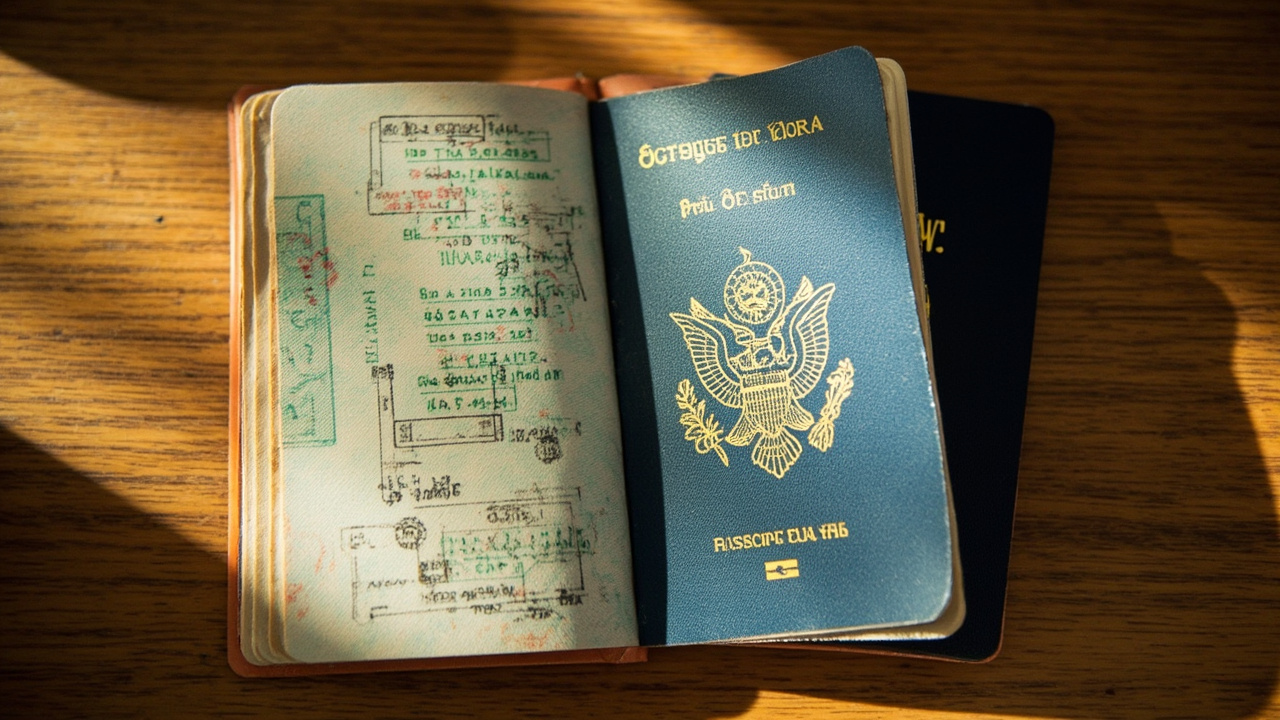 Overhead flat-lay of a heavily stamped blue-cover passport spread showing soft generic ink shapes, no legible details