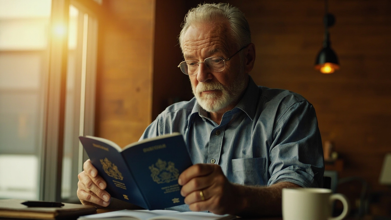 Australian business traveller in their late 40s arranging two blue-cover Australian passports on a warm timber desk before a Cambodia trip