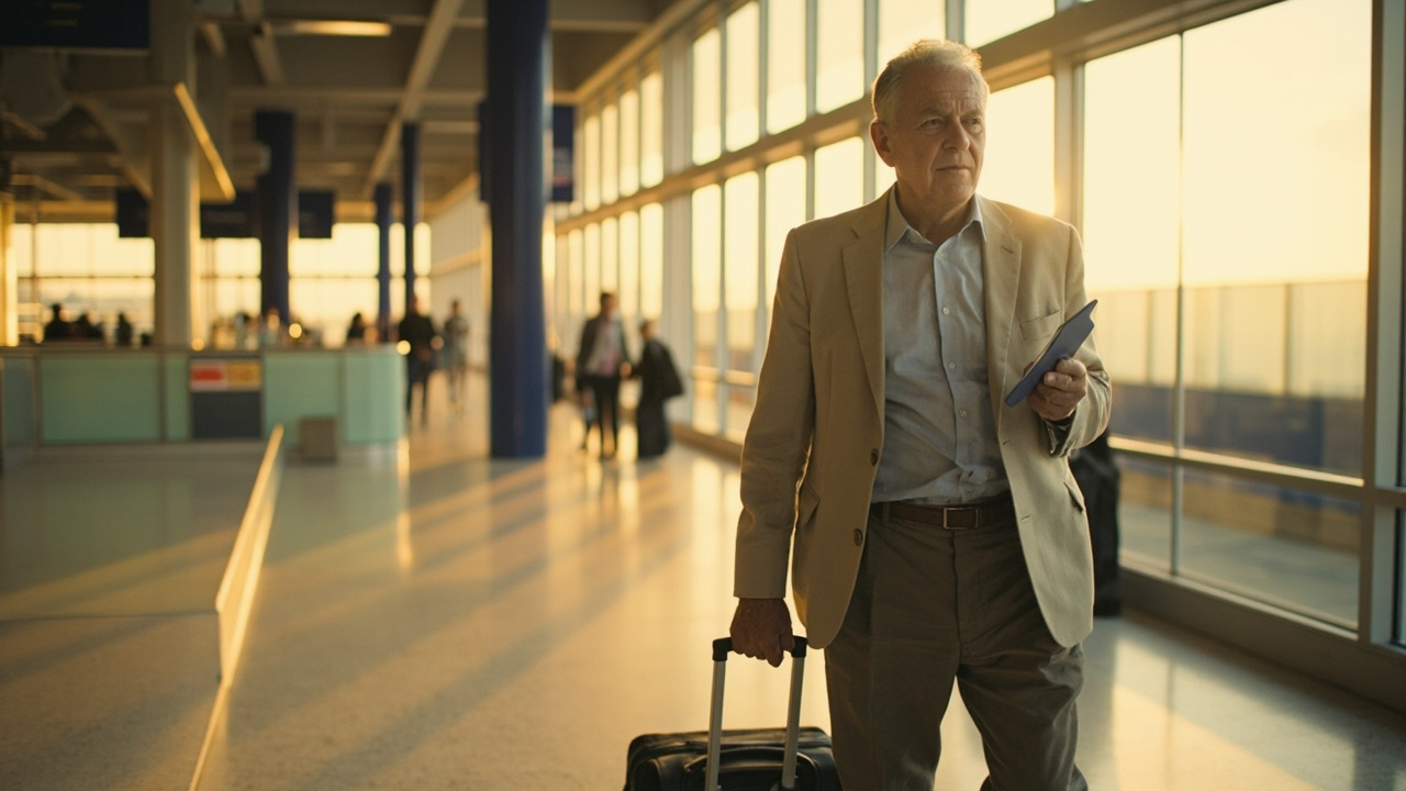 Australian business traveller with a small carry-on at a generic terminal walkway in warm afternoon light