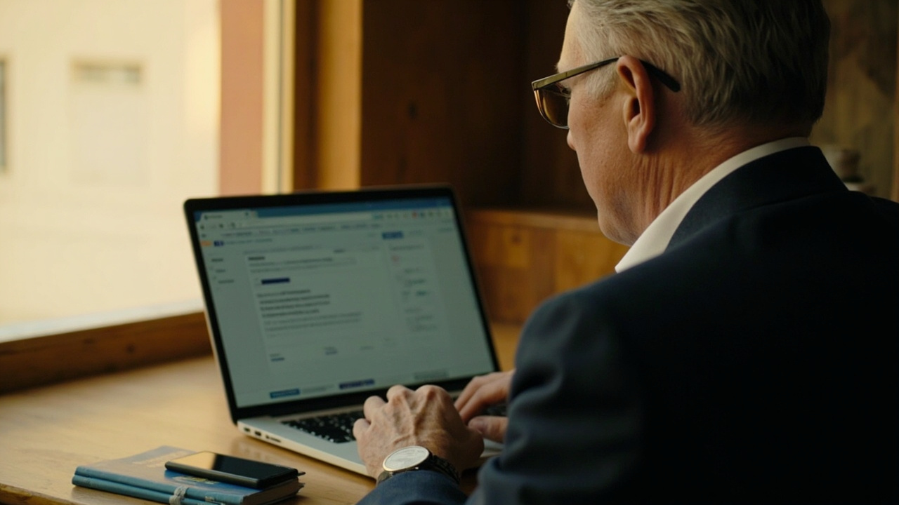 Australian business traveller applying for an eVisa on a laptop with a blue-cover passport beside them in soft window light