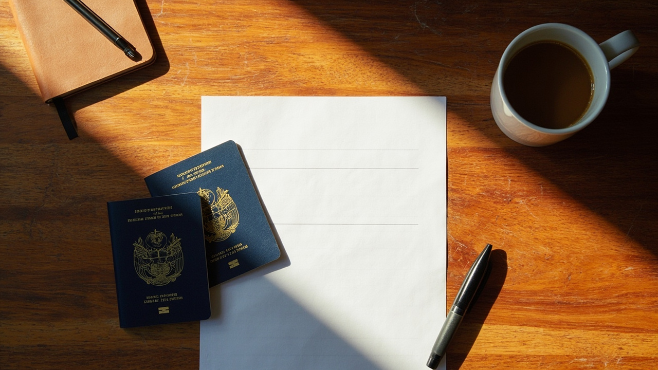 Overhead flat-lay of a generic passport application form, two blue-cover passports and a leather notebook on a warm timber desk